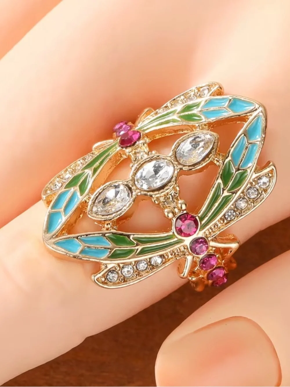 NEW! Vintage Style dragonfly Multicolor Enamel & Crystal Statement Ring